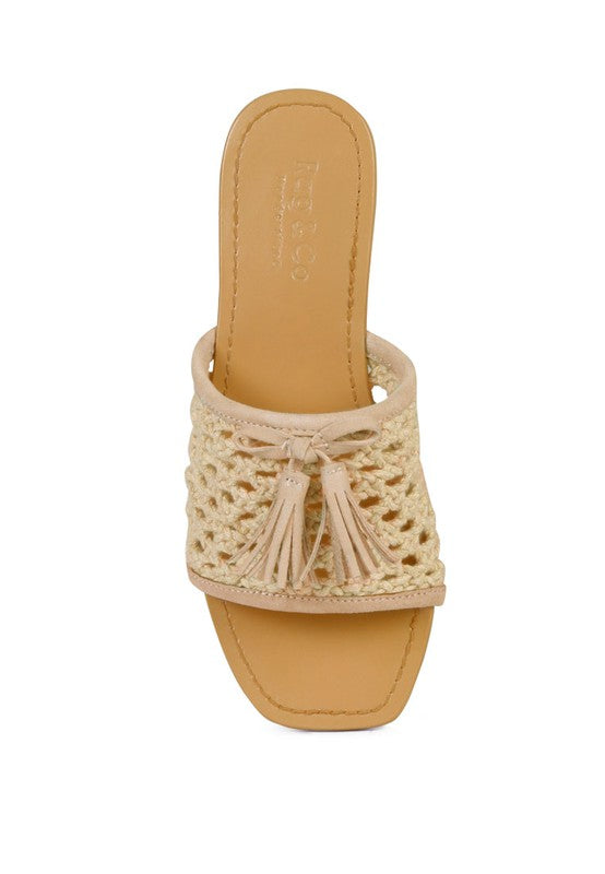 Shop Cedar Handwoven Natural Tassel Slide Sandals-available at Reef Love online boho-chic boutique