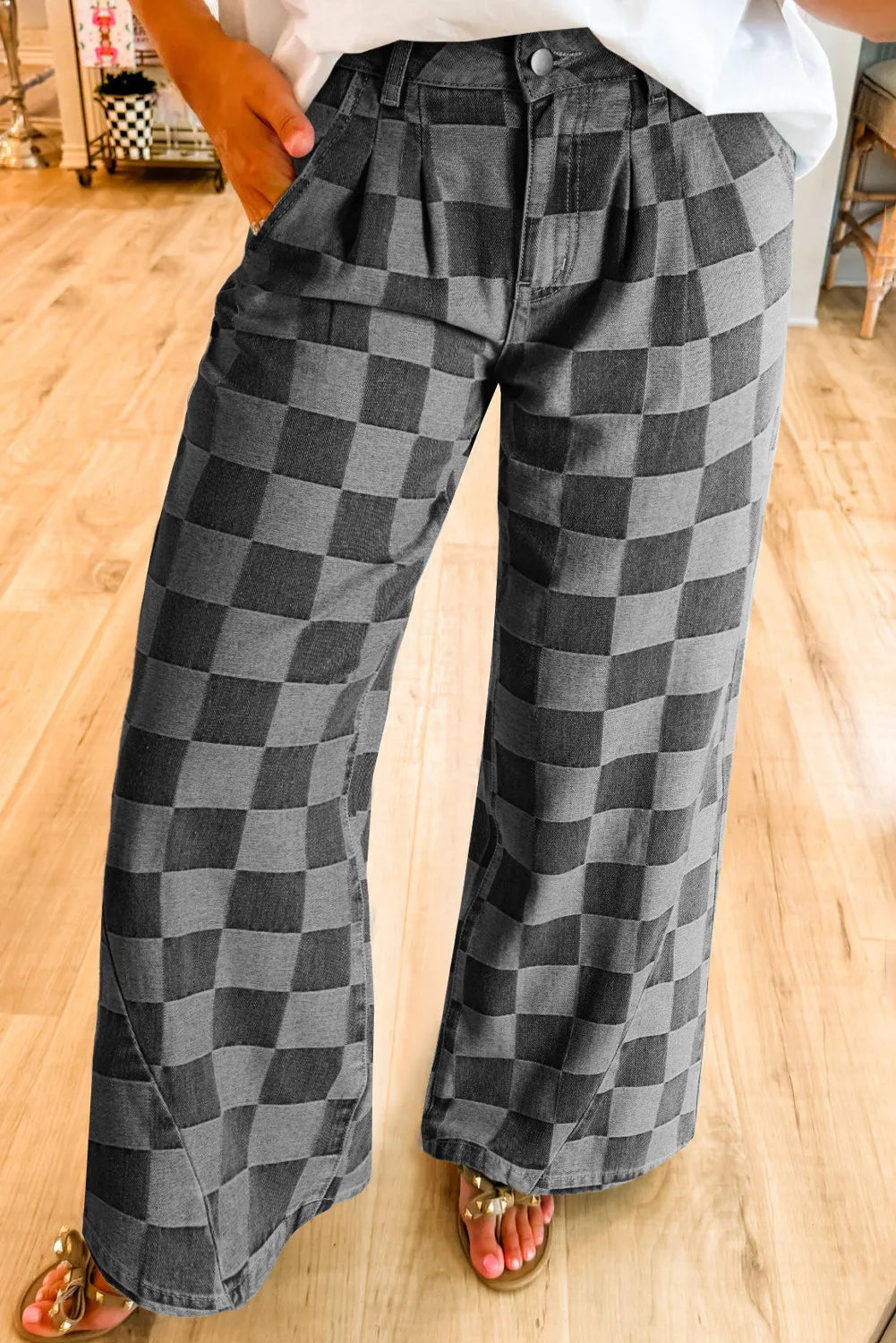 Checker Denim Wide Leg Jeans