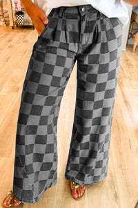 Checker Denim Wide Leg Jeans