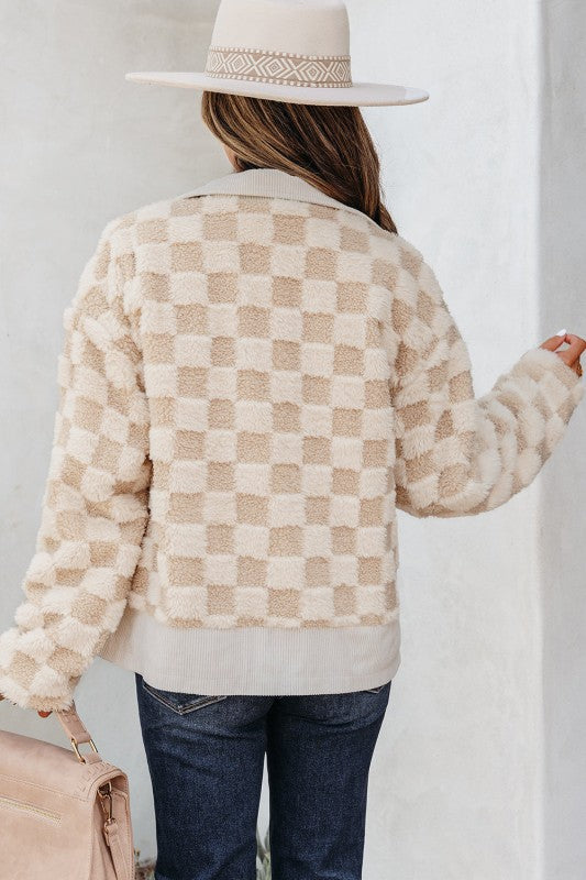 Checkered Khaki Sherpa Corduroy Patchwork Zip-Up Jacket-Reef Love
