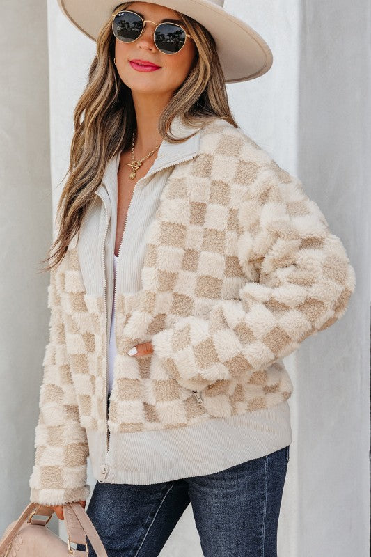Checkered Khaki Sherpa Corduroy Patchwork Zip-Up Jacket-Reef Love