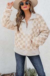 Checkered Khaki Sherpa Corduroy Patchwork Zip-Up Jacket-Reef Love
