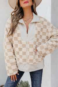 Checkered Khaki Sherpa Corduroy Patchwork Zip-Up Jacket-Reef Love