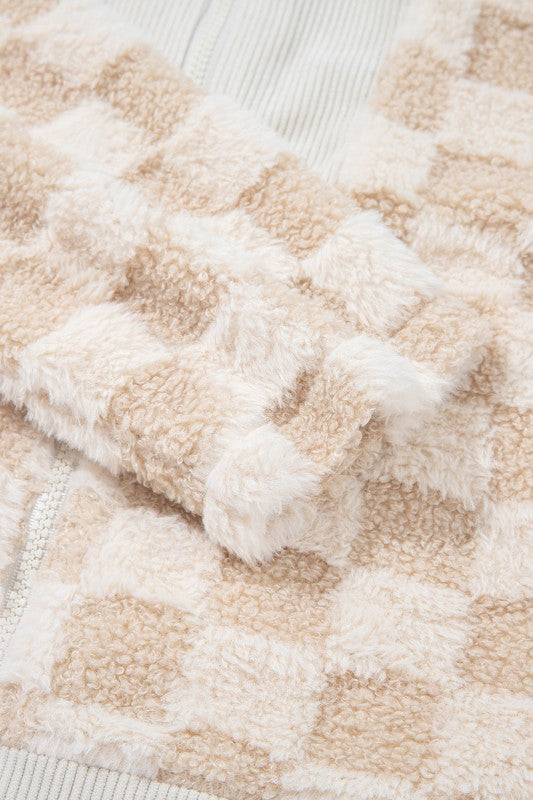 Checkered Khaki Sherpa Corduroy Patchwork Zip-Up Jacket-Reef Love