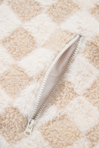 Checkered Khaki Sherpa Corduroy Patchwork Zip-Up Jacket-Reef Love