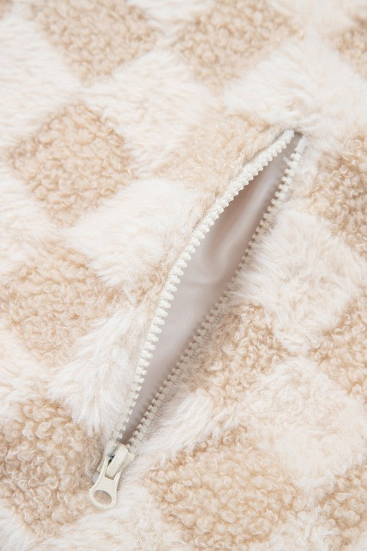 Checkered Khaki Sherpa Corduroy Patchwork Zip-Up Jacket-Reef Love