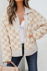 Checkered Khaki Sherpa Corduroy Patchwork Zip-Up Jacket-Reef Love