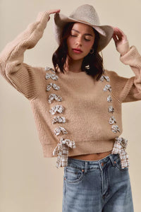 Checkered Plaid Tape Lace Up Sweater, Beige