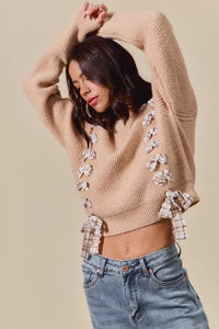 Checkered Plaid Tape Lace Up Sweater, Beige