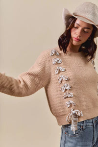 Checkered Plaid Tape Lace Up Sweater, Beige