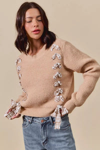 Checkered Plaid Tape Lace Up Sweater, Beige