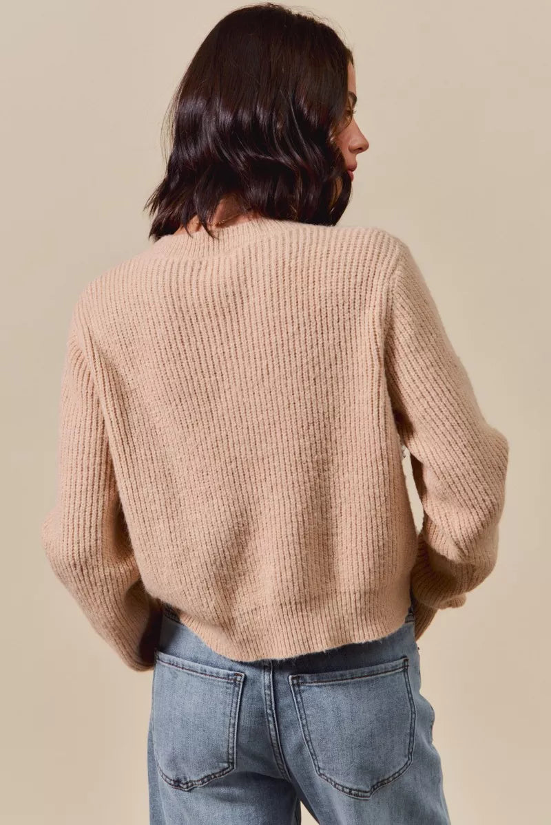 Checkered Plaid Tape Lace Up Sweater, Beige