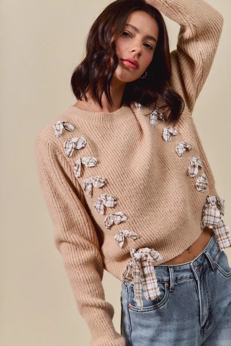 Checkered Plaid Tape Lace Up Sweater, Beige