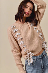 Checkered Plaid Tape Lace Up Sweater, Beige
