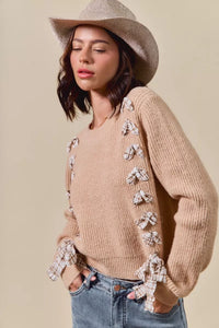 Checkered Plaid Tape Lace Up Sweater, Beige