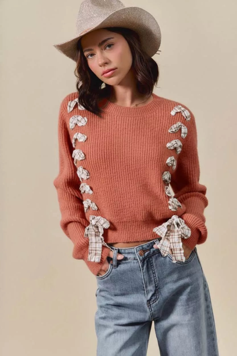 Checkered Plaid Tape Lace Up Sweater, Rust