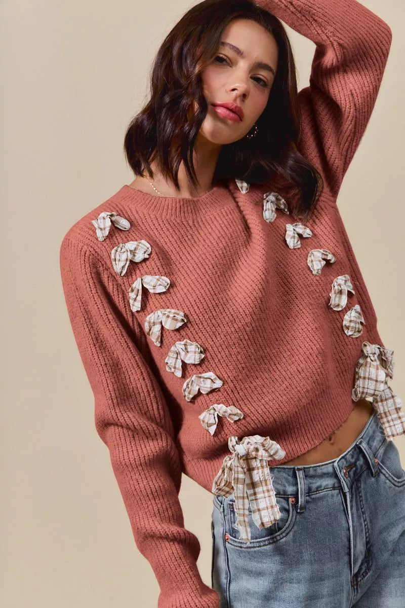 Checkered Plaid Tape Lace Up Sweater, Rust