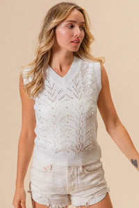 Chevron Pointelle Pearl Knit Sleeveless Sweater-Reef Love