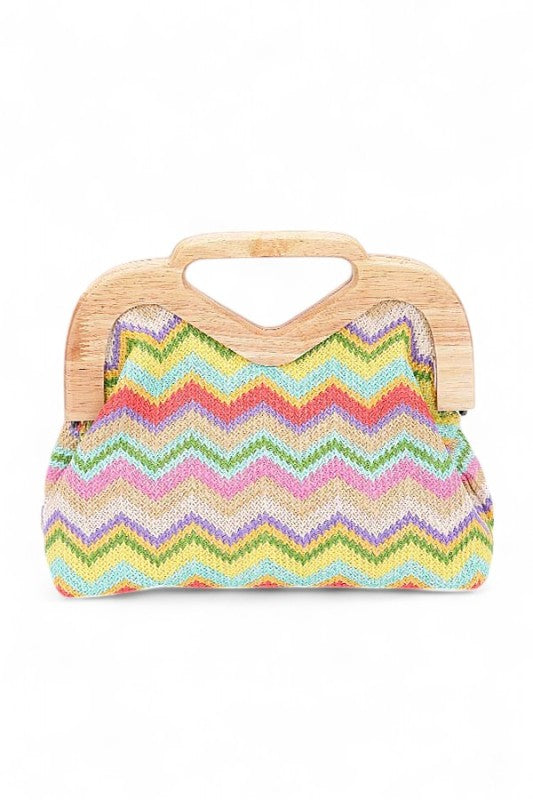Chevron Print Faux Straw Wooden Frame Clutch Bag- Boho Chic Styles by Reef Love