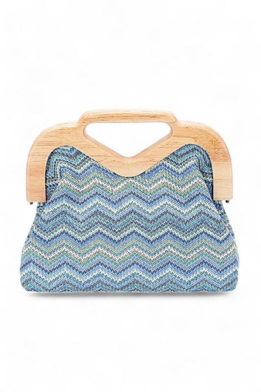 Chevron Print Faux Straw Wooden Frame Clutch Bag- Boho Chic Styles by Reef Love
