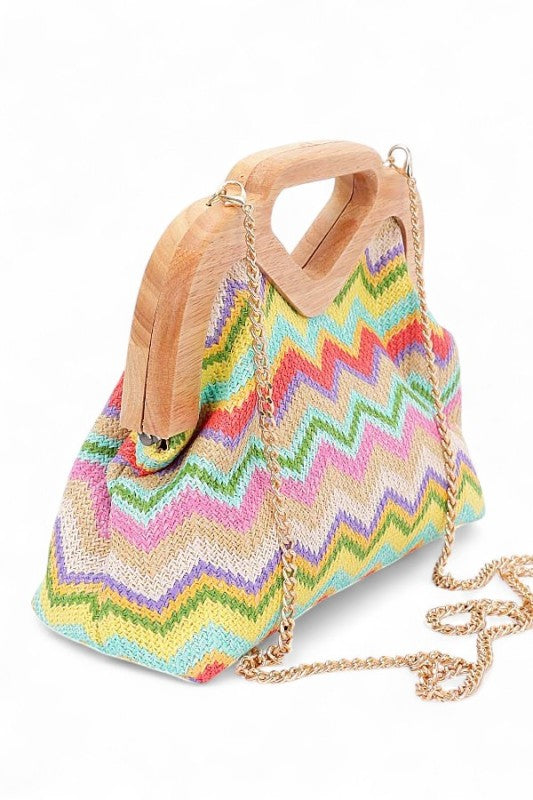 Chevron Print Faux Straw Wooden Frame Clutch Bag- Boho Chic Styles by Reef Love