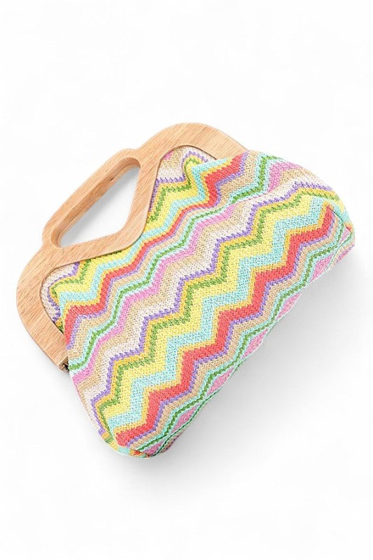 Chevron Print Faux Straw Wooden Frame Clutch Bag- Boho Chic Styles by Reef Love
