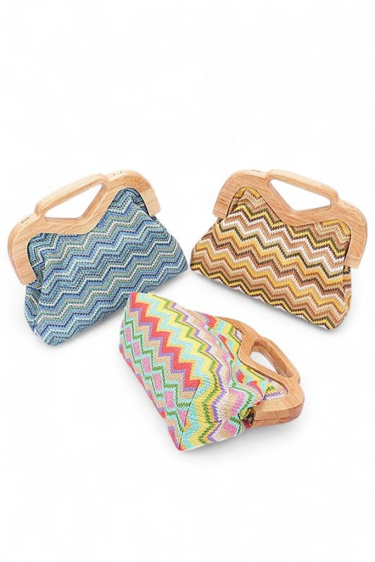 Chevron Print Faux Straw Wooden Frame Clutch Bag- Boho Chic Styles by Reef Love