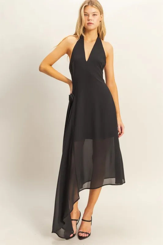 Chiffon Halter Asymmetrical Hem Dress, Black-This Chiffon Halter Asymmetrical Hem Dress in black features a chic halter neckline and a stylish asymmetrical hem design. Made from flowy chiffon fabric.-Reef Love Boho-Chic Boutique