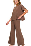 Chocolate Brown Cotton Slub Top & Pants Lounge Set-Chocolate brown cotton slub lounge set with oversized top and wide-leg pants. Cozy two-piece outfit with pockets, perfect for lounging or travel.-Reef Love
