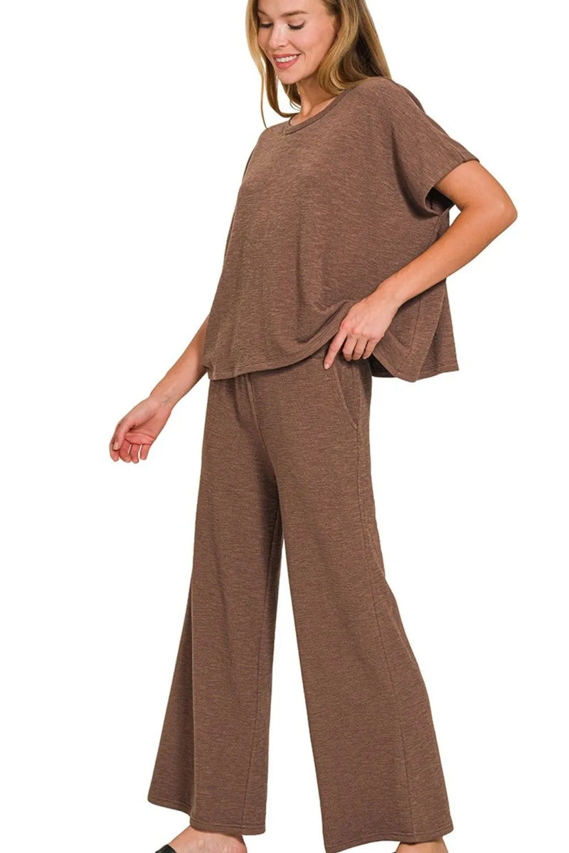 Chocolate Brown Cotton Slub Top & Pants Lounge Set-Chocolate brown cotton slub lounge set with oversized top and wide-leg pants. Cozy two-piece outfit with pockets, perfect for lounging or travel.-Reef Love