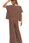Chocolate Brown Cotton Slub Top & Pants Lounge Set-Chocolate brown cotton slub lounge set with oversized top and wide-leg pants. Cozy two-piece outfit with pockets, perfect for lounging or travel.-Reef Love