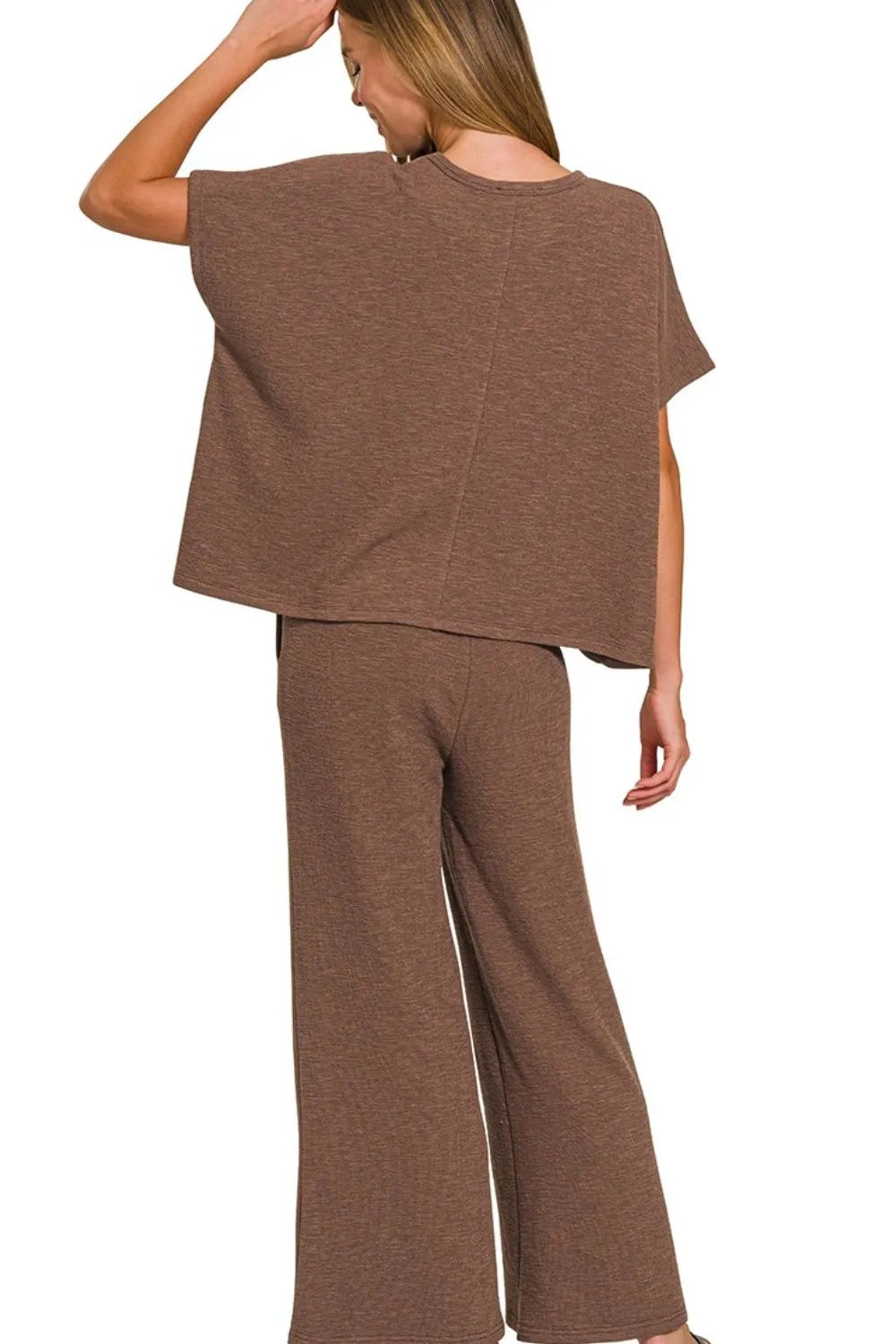 Chocolate Brown Cotton Slub Top & Pants Lounge Set-Chocolate brown cotton slub lounge set with oversized top and wide-leg pants. Cozy two-piece outfit with pockets, perfect for lounging or travel.-Reef Love