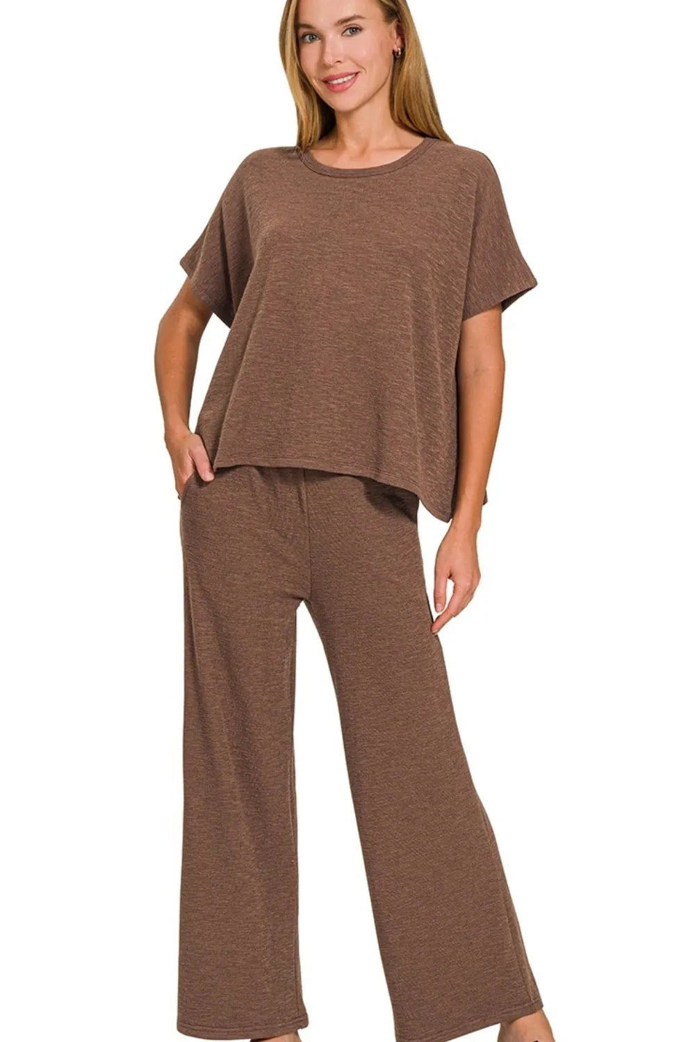 Chocolate Brown Cotton Slub Top & Pants Lounge Set-Chocolate brown cotton slub lounge set with oversized top and wide-leg pants. Cozy two-piece outfit with pockets, perfect for lounging or travel.-Reef Love