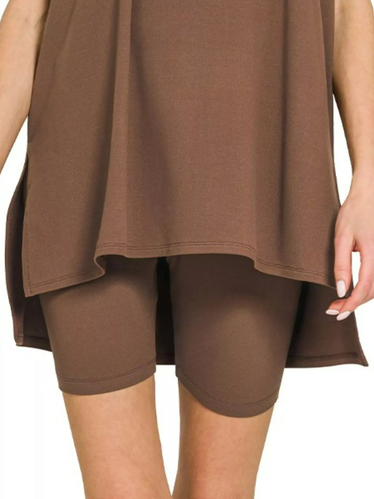 Chocolate Brushed DTY Microfiber Top and Biker Shorts Lounge Set-Chocolate brown plus-size brushed DTY microfiber set with round neck oversized top & biker shorts. Soft, stretchy two-piece lounge outfit with sleek finish.-Reef Love