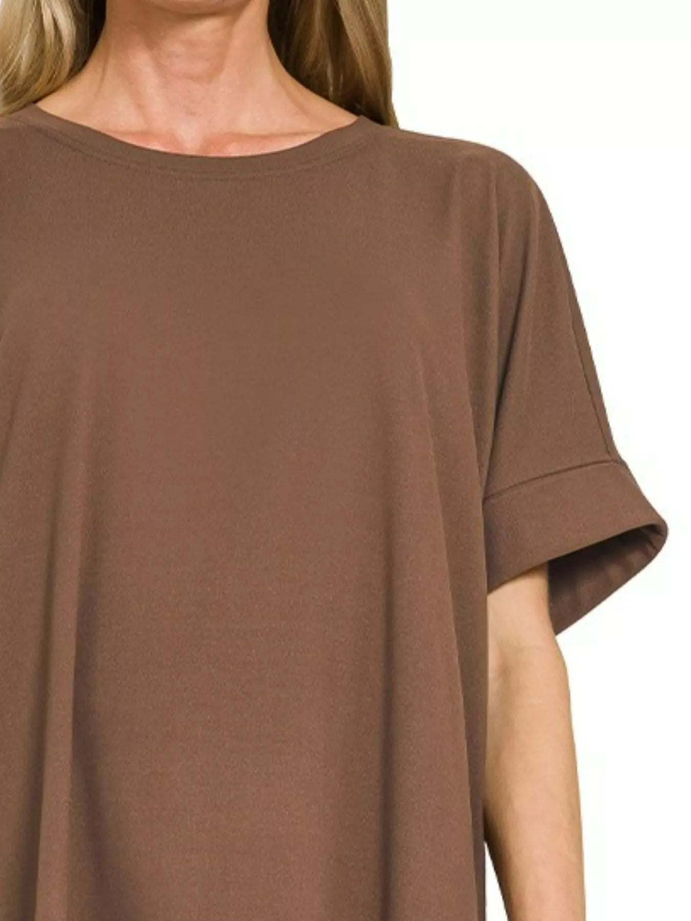 Chocolate Brushed DTY Microfiber Top and Biker Shorts Lounge Set-Chocolate brown plus-size brushed DTY microfiber set with round neck oversized top & biker shorts. Soft, stretchy two-piece lounge outfit with sleek finish.-Reef Love