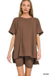 Chocolate Brushed DTY Microfiber Top and Biker Shorts Lounge Set-Chocolate brown plus-size brushed DTY microfiber set with round neck oversized top & biker shorts. Soft, stretchy two-piece lounge outfit with sleek finish.-Reef Love