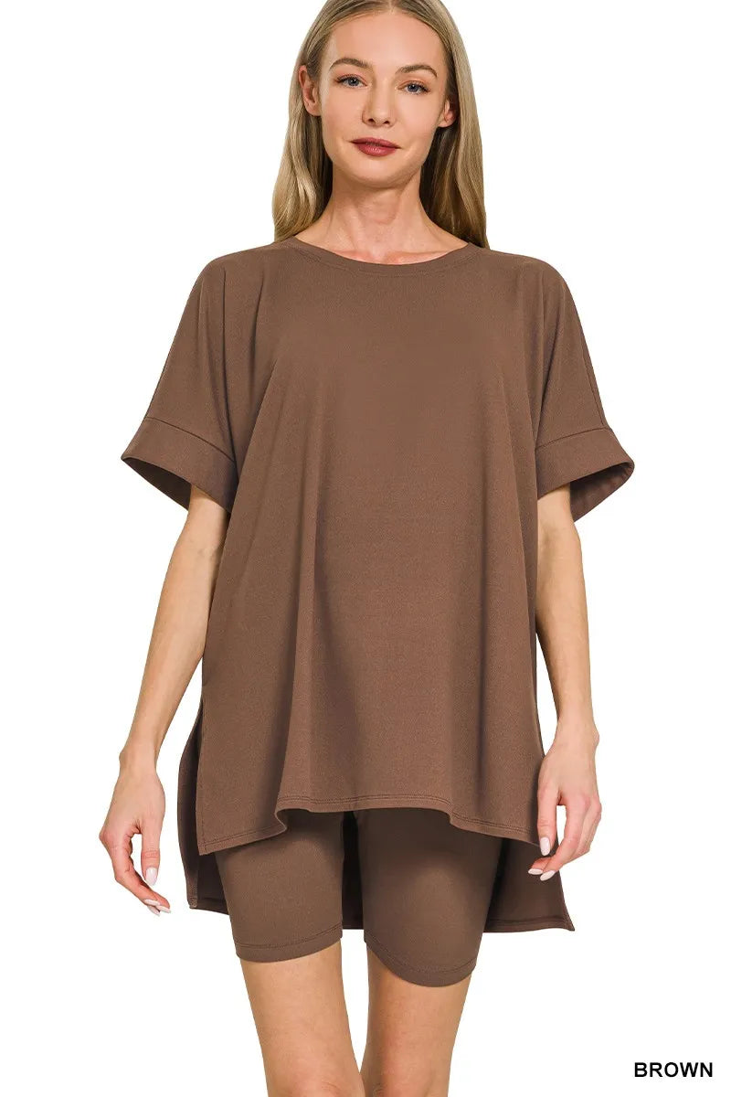 Chocolate Brushed DTY Microfiber Top and Biker Shorts Lounge Set-Chocolate brown plus-size brushed DTY microfiber set with round neck oversized top & biker shorts. Soft, stretchy two-piece lounge outfit with sleek finish.-Reef Love