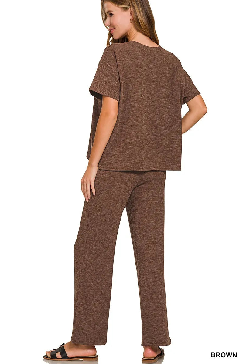 Chocolate Slub Short Sleeve T-Shirt and Pants Set-Chocolate brown slub lounge set with oversized short-sleeve top and wide-leg pants. Soft cotton-blend two-piece outfit with pockets for cozy casual style.-Reef Love