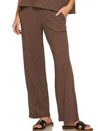 Chocolate Slub Short Sleeve T-Shirt and Pants Set-Chocolate brown slub lounge set with oversized short-sleeve top and wide-leg pants. Soft cotton-blend two-piece outfit with pockets for cozy casual style.-Reef Love