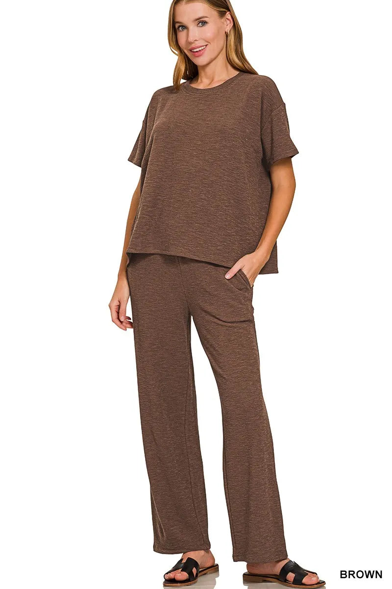 Chocolate Slub Short Sleeve T-Shirt and Pants Set-Chocolate brown slub lounge set with oversized short-sleeve top and wide-leg pants. Soft cotton-blend two-piece outfit with pockets for cozy casual style.-Reef Love