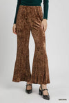 Chocolate Velvet Pleated Wide Leg Pants-Chocolate velvet pleated wide-leg pants. High-waisted crushed velvet flare pants with elastic waistband—luxurious, flattering, and perfect for casual or evening wear.-Reef Love