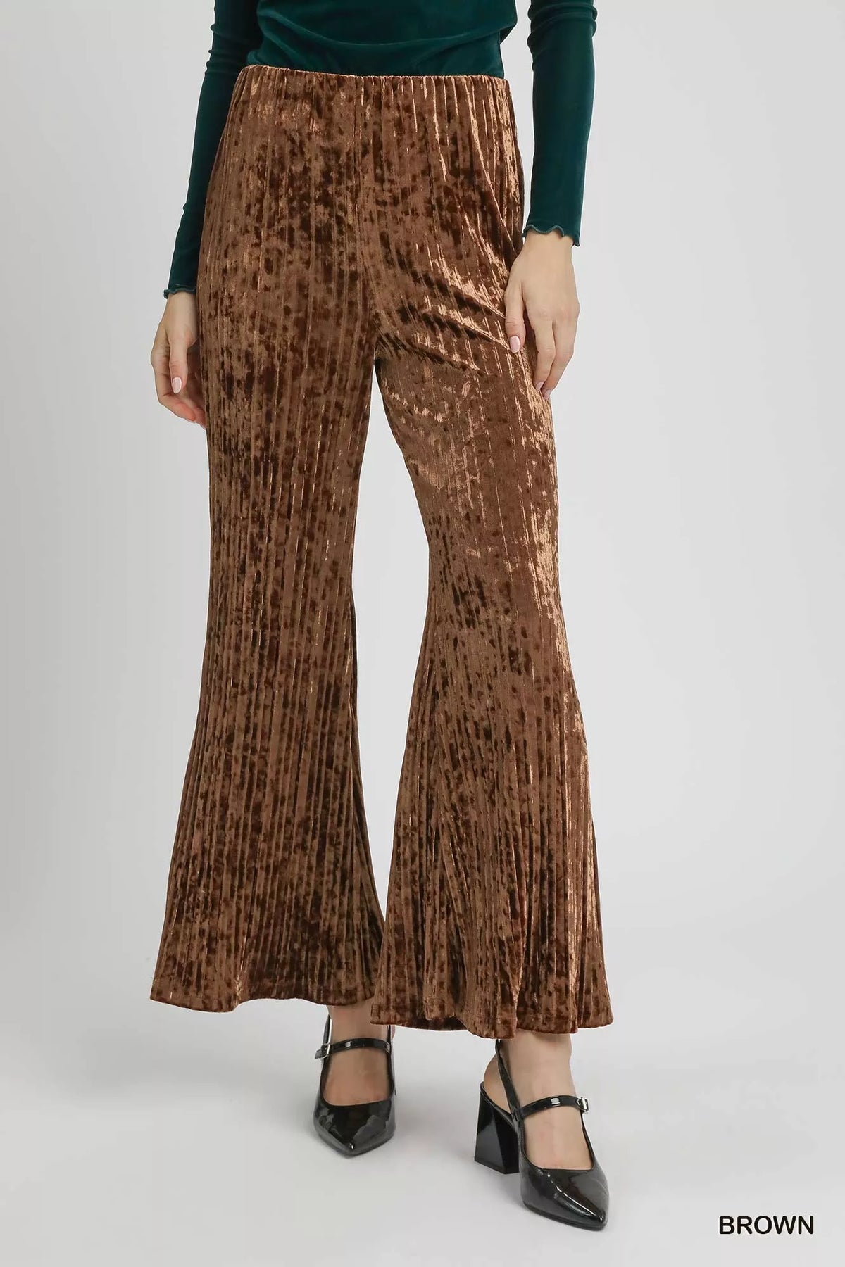 Chocolate Velvet Pleated Wide Leg Pants-Chocolate velvet pleated wide-leg pants. High-waisted crushed velvet flare pants with elastic waistband—luxurious, flattering, and perfect for casual or evening wear.-Reef Love