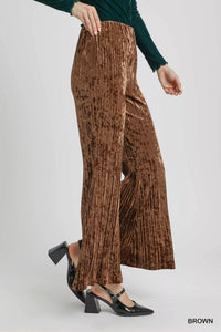 Chocolate Velvet Pleated Wide Leg Pants-Chocolate velvet pleated wide-leg pants. High-waisted crushed velvet flare pants with elastic waistband—luxurious, flattering, and perfect for casual or evening wear.-Reef Love