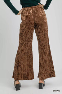 Chocolate Velvet Pleated Wide Leg Pants-Chocolate velvet pleated wide-leg pants. High-waisted crushed velvet flare pants with elastic waistband—luxurious, flattering, and perfect for casual or evening wear.-Reef Love