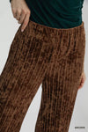 Chocolate Velvet Pleated Wide Leg Pants-Chocolate velvet pleated wide-leg pants. High-waisted crushed velvet flare pants with elastic waistband—luxurious, flattering, and perfect for casual or evening wear.-Reef Love