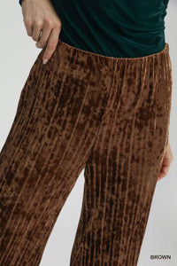 Chocolate Velvet Pleated Wide Leg Pants-Chocolate velvet pleated wide-leg pants. High-waisted crushed velvet flare pants with elastic waistband—luxurious, flattering, and perfect for casual or evening wear.-Reef Love