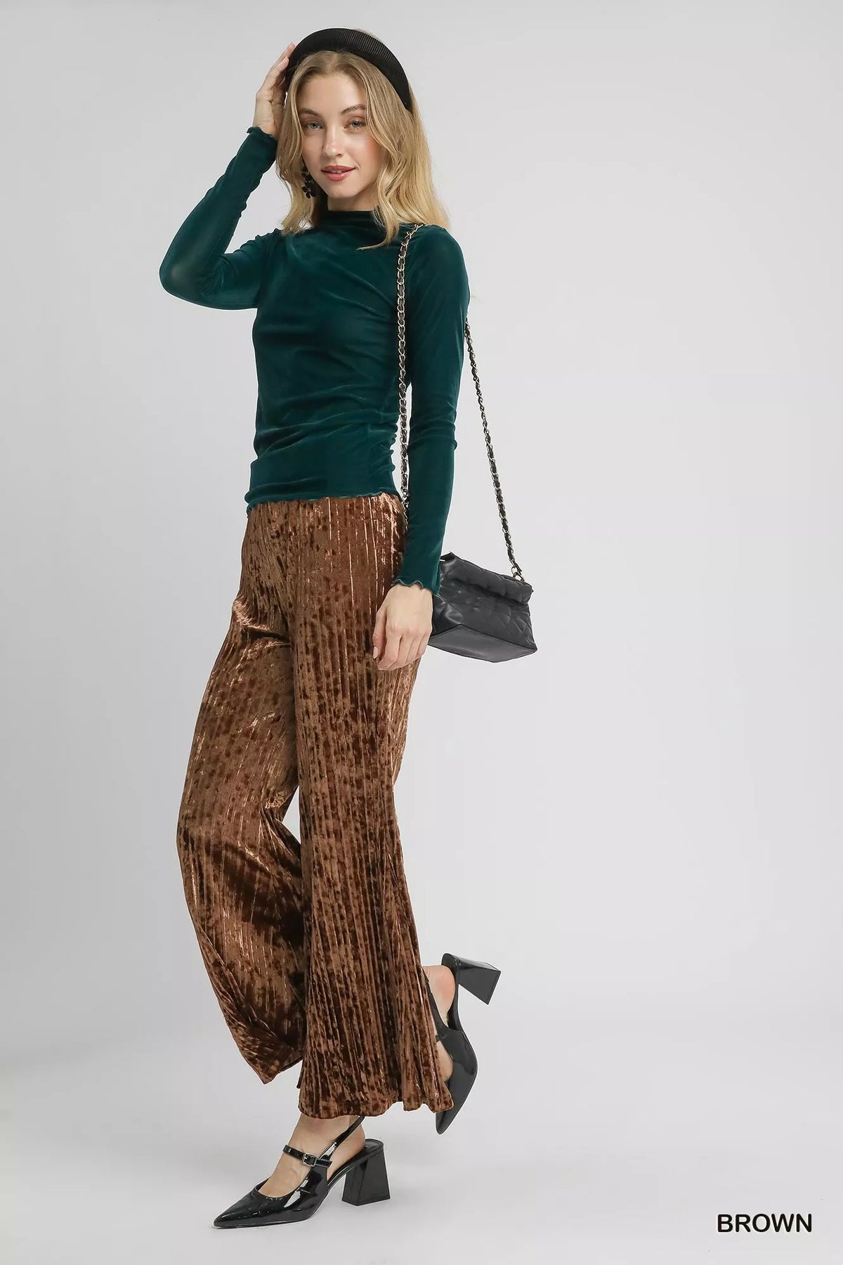 Chocolate Velvet Pleated Wide Leg Pants-Chocolate velvet pleated wide-leg pants. High-waisted crushed velvet flare pants with elastic waistband—luxurious, flattering, and perfect for casual or evening wear.-Reef Love