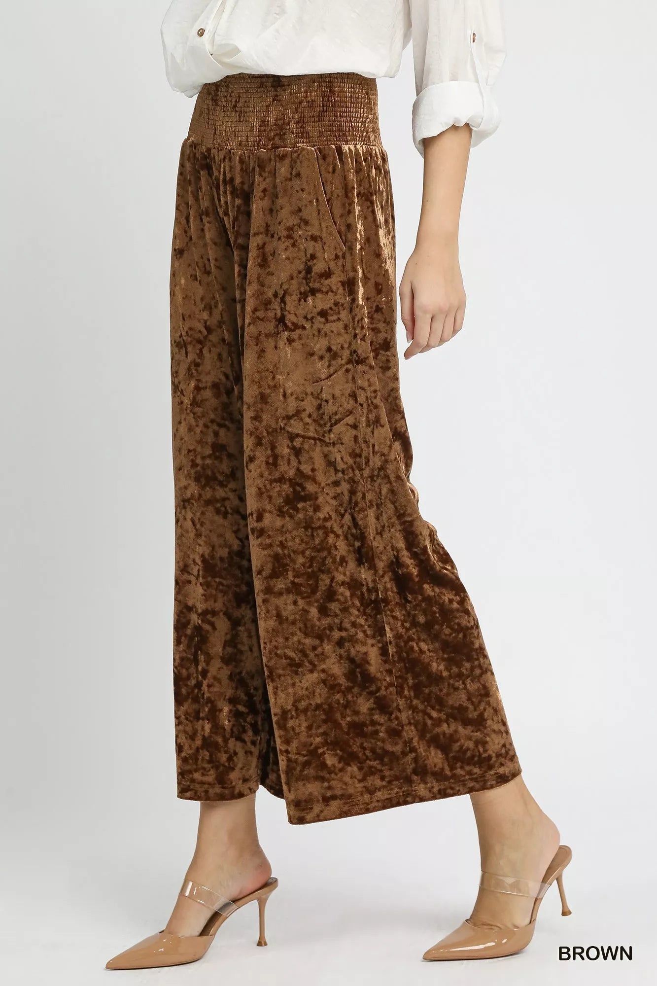 Chocolate Velvet Smocked Cropped Wide Leg Pants-Chocolate velvet cropped wide leg pants with a smocked waistband. Luxe boho-chic style perfect for day-to-night outfits and effortless women’s fashion.-Reef Love