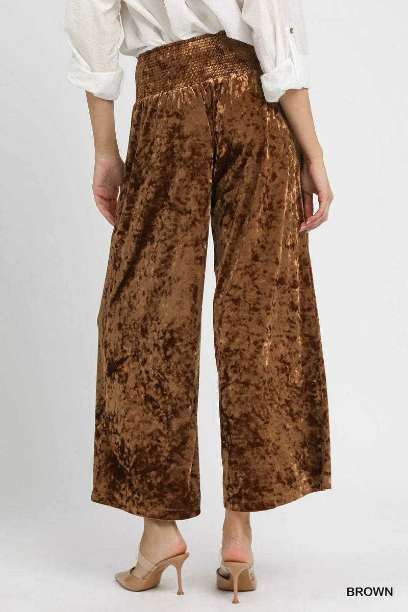Chocolate Velvet Smocked Cropped Wide Leg Pants-Chocolate velvet cropped wide leg pants with a smocked waistband. Luxe boho-chic style perfect for day-to-night outfits and effortless women’s fashion.-Reef Love