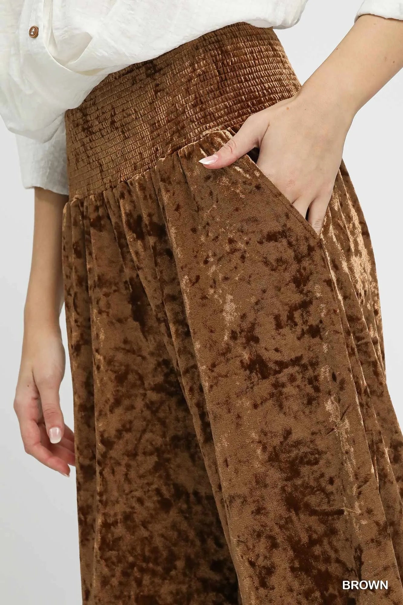 Chocolate Velvet Smocked Cropped Wide Leg Pants-Chocolate velvet cropped wide leg pants with a smocked waistband. Luxe boho-chic style perfect for day-to-night outfits and effortless women’s fashion.-Reef Love